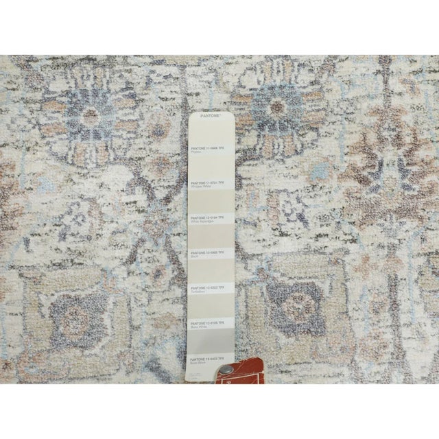 Transitional Ivory Silk With Textured Wool Tabriz Runner Hand Knotted Oriental Rug For Sale - Image 3 of 10