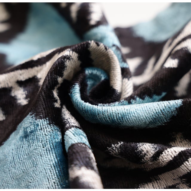 Handmade Aqua Blue Ikat Velvet Lumbar Pillow 16x24 | Soft Turquoise & Black Abstract For Sale - Image 4 of 8
