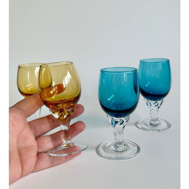 Empoli Vintage Empoli Italy Twisted Stem Cordial Glasses – Peacock Blue & Amber - Set of 4 For Sale - Image 4 of 5