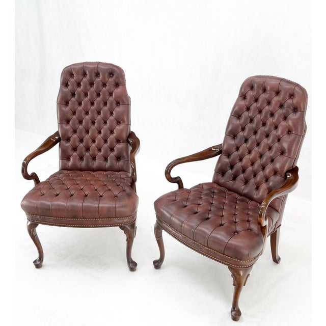 Pair Burgundy Leather Queen Anne Tufted Upholstery Walnut Armchairs MINT For Sale - Image 6 of 17