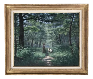 Adolphe Potter, Femme et chèvre dans un paysage boisé, Oil on Canvas, Framed