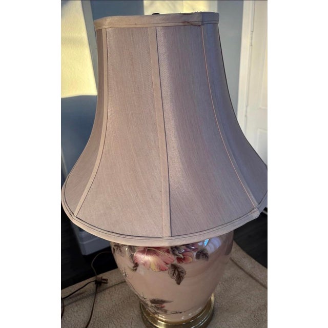 Vintage Floral Ceramic Table Lamp With Brass Base & Bell Shade For Sale - Image 4 of 8