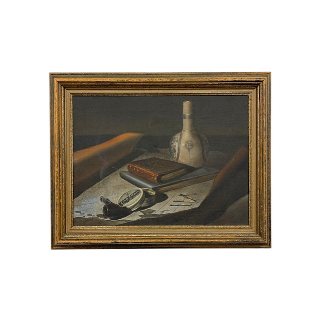 Wood Vintage Still Life Painting With Bottle, Book, Pipe - Signed by Cannon For Sale - Image 7 of 10