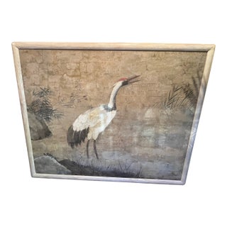 Mid 20th Century Large Hand-Painted Asian Crane Artwork in Bleached Oak Frame — 63” X 52” For Sale