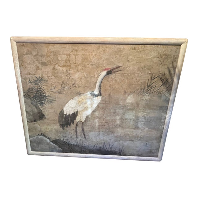Mid 20th Century Large Hand-Painted Asian Crane Artwork in Bleached Oak Frame — 63” X 52” For Sale