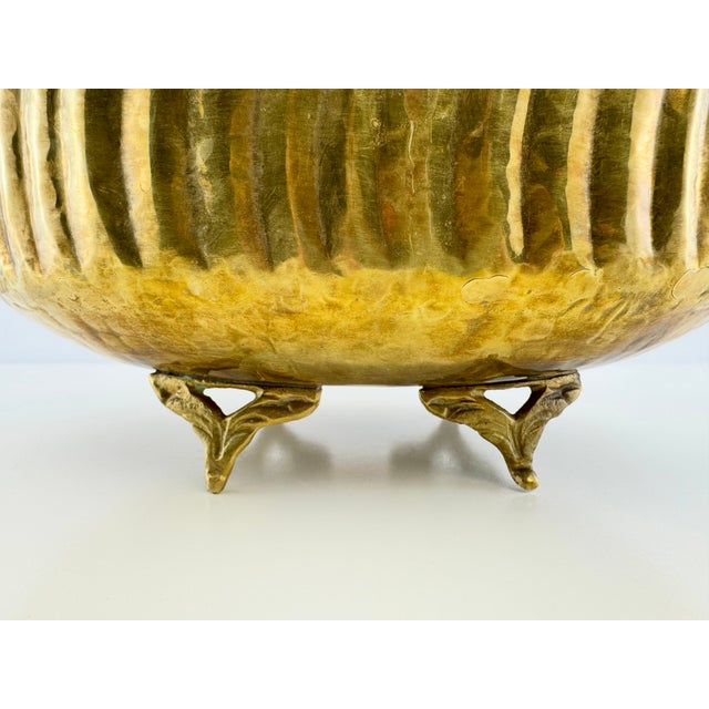 Rustic European Vintage Solid Brass Hammered Centerpiece Bowl With Grapevine Handles For Sale - Image 3 of 13