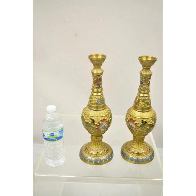 Vintage Japanese Cloisonne Enamel 13" Brass Bronze Candlestick Lamp Base - Pair. Item features tall slender forms,...