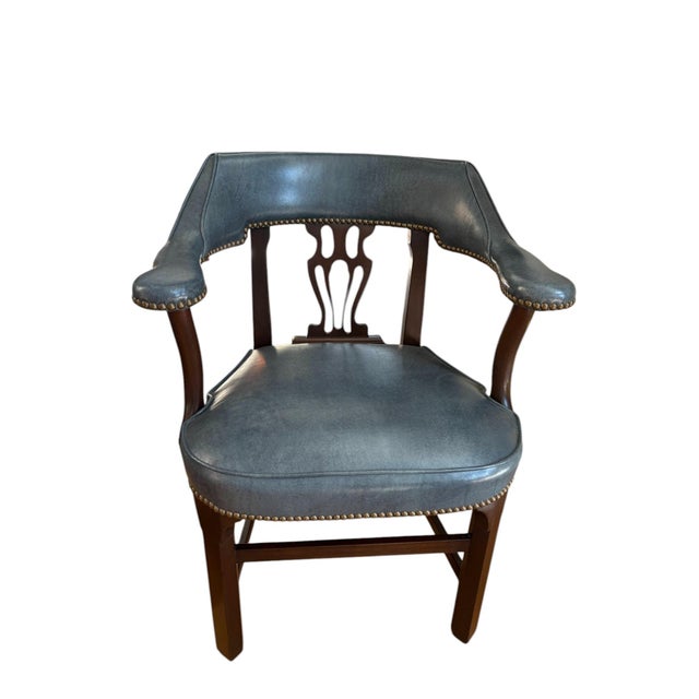 Late 20th Century Pair of Blue Leather Banker's Chairs Attributed to Barrit For Sale - Image 4 of 12