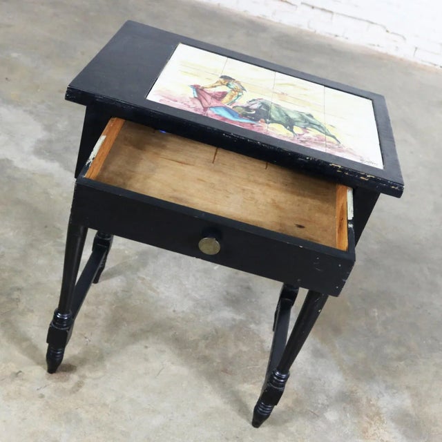 Vintage Black Turned Leg Drawered End Table With Matador and Bull Tile Insert Top For Sale - Image 9 of 13