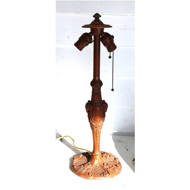 Metal Antique Art Nouveau Slag Glass Table Lamp With 8-Panel Curved Umbrella Shade For Sale - Image 7 of 8