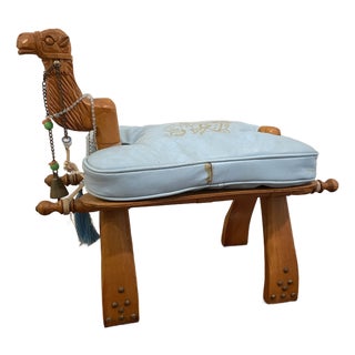 Mid 20th Century Vintage Turkish Camel Saddle Footstool in Light Blue Leather For Sale