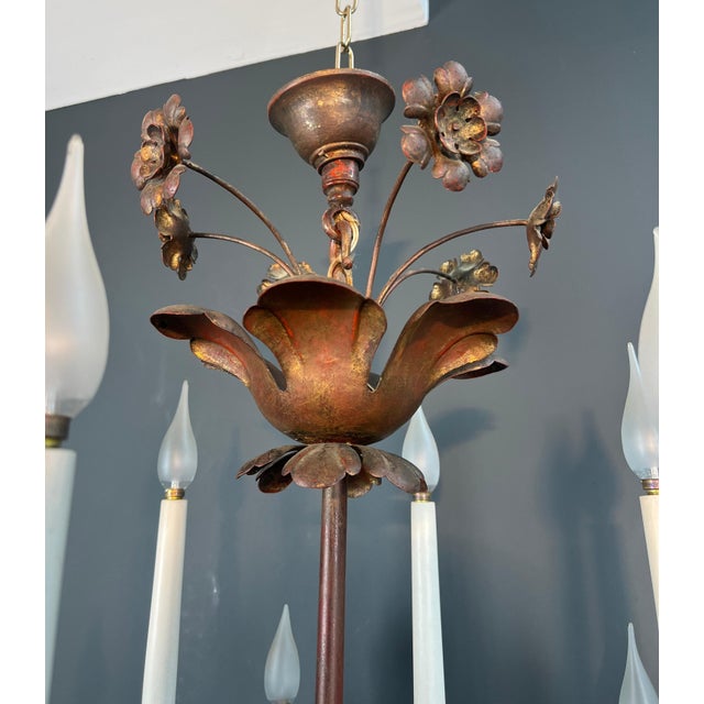 Gold 1940s Large 2-tier chandelier in gold metal with 12 lights in the style of Maison Baguès For Sale - Image 8 of 12