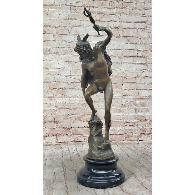 Traditional Flying Mercury Hermes w/ Caduceus Bronze Statue Sculpture Giambologna 20" x 11" For Sale - Image 3 of 9