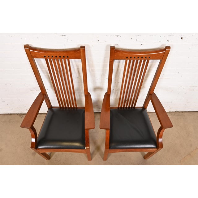 Late 20th Century Stickley Mission Arts & Crafts Cherry Wood High Back Spindle Armchairs, Pair For Sale - Image 5 of 12