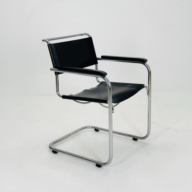 Bauhaus black leather iconic armchair by mart Stam for Thonet 1980s Mart Stam and Thonet signify a powerful joining of...