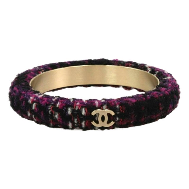 Mid 20th Century Chanel Purple & Black Tweed Logo Fabric Metal Bangle bracelet For Sale