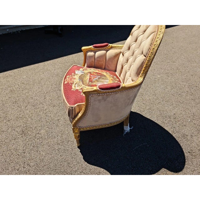 New 20th Century Antique Style Wood Carved Upholstered Bergere Chair/Setee for Living Room For Sale - Image 4 of 9