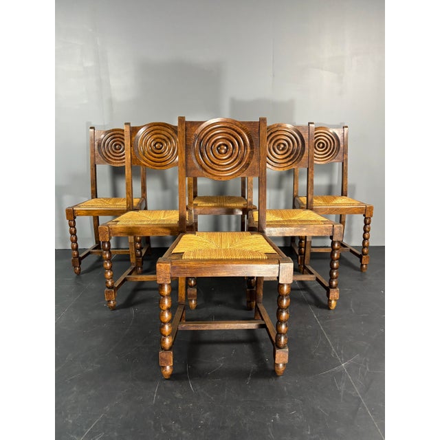 French Farmhouse Turned Wood and Rush Dining Chairs in the style of Charles Dudouyt, 1950s, Set of 6 For Sale - Image 9 of 18
