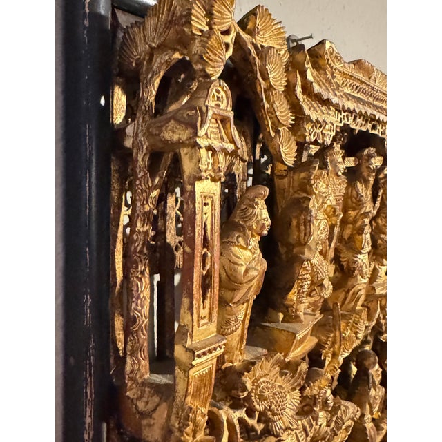 Antique Chinese Carved and Gilded Wood Panel, Often Referred to as Chaozhou Woodcarving For Sale In San Diego - Image 6 of 12