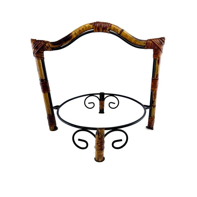Vintage Tortoiseshell Rattan & Wrought Iron Round Tray Stand For Sale In Little Rock - Image 6 of 12