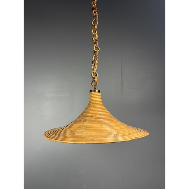 Mid-Century Modern Italian Witch Hat Pencil Reed Rattan Bamboo and Brass Pendant Lamp, 1970s For Sale - Image 10 of 12