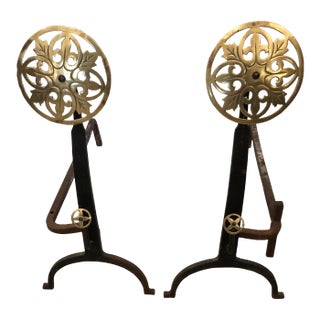 Vintage Cast Iron & Brass Sunburst Motif Andirons -A Pair For Sale