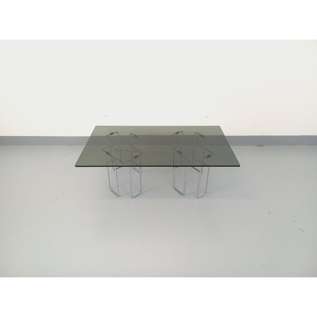 Vintage Space Age Rectangular Coffee Table in Smoked Glass and Chrome Metal, 1970s, in Very Good conditions. Designed 1970...