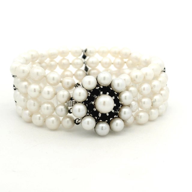 Vintage Retro Multi-Strand Pearl and Sapphire 14k White Gold Bracelet For Sale - Image 14 of 15