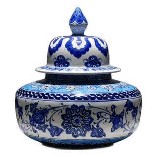 Handmade Ceramic Iznik Vase (Baba Nakkas Style) Blue and White Rumi Pattern Ginger Jar For Sale