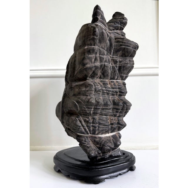 Black Rare Chinese Antique Black and White Lingbi Scholar Stone on Display Stand For Sale - Image 8 of 18