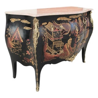 20th-Century French Louis XV-Style Black Lacquer Bombe Chest With Asian Motifs For Sale