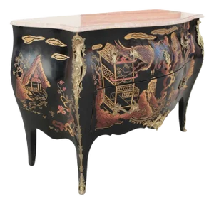 20th-Century French Louis XV-Style Black Lacquer Bombe Chest With Asian Motifs