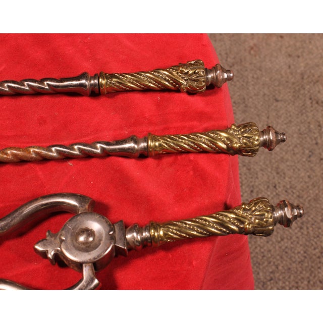 Metal Antique Steel and Bronze Fireplace Set, 1800s, Set of 3 For Sale - Image 7 of 8