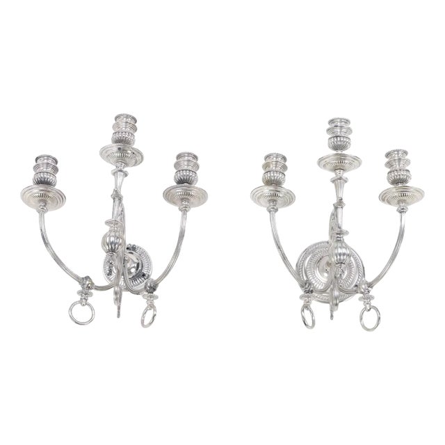 A Pair of American Silver Plated Three-Light Sconces, C. 1920. For Sale