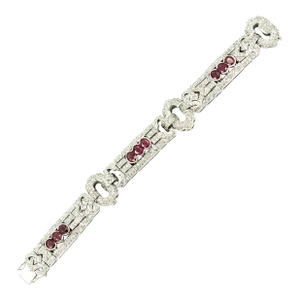 Wide Art Deco Style Diamond and Ruby White Gold Bracelet
