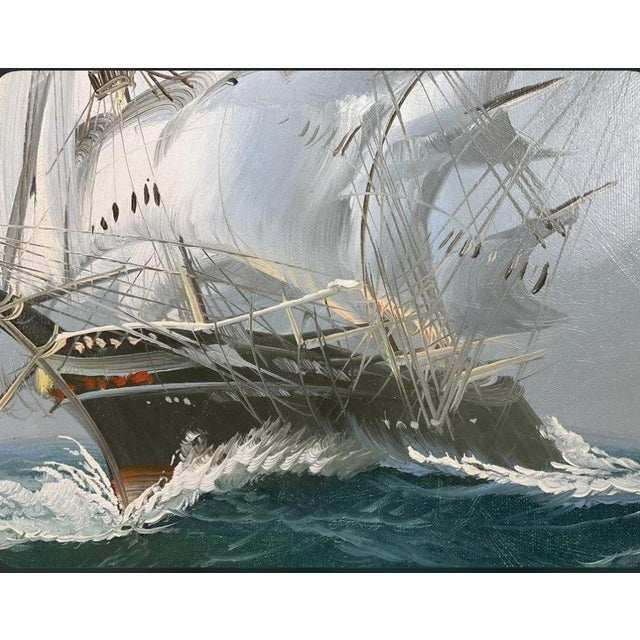 1970’s Large Signed and Framed Tall Ship Painting, Oil on Canvas, 42” X 30” For Sale - Image 6 of 10