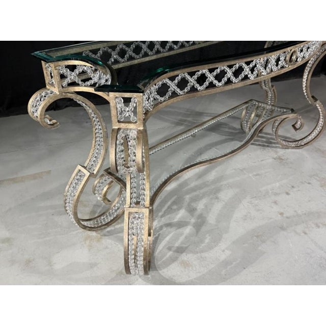 French Hollywood Regency Iron Glass Top Console Table With Scrollwork Legs and Crystal Beading For Sale - Image 3 of 10