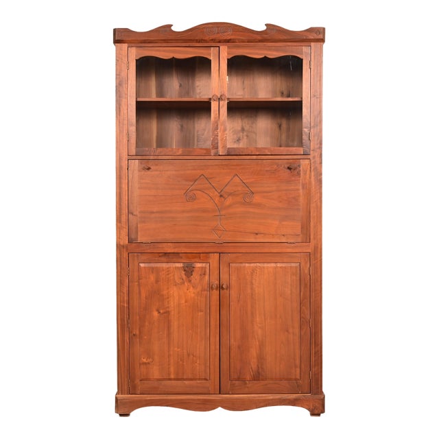 English Country Farmhouse Studio Crafted Carved Walnut Drop Front Secretary Desk With Bookcase For Sale