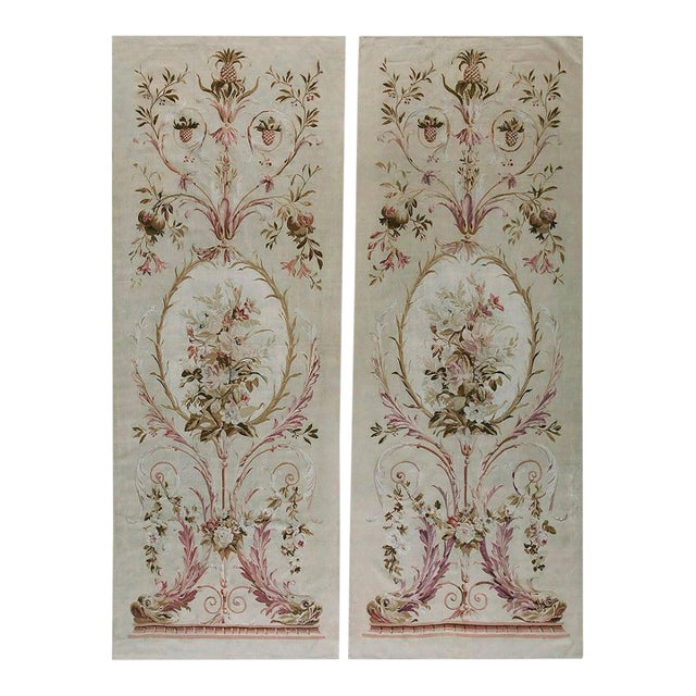 1890s Ivory Floral Pair Antique French "Portier Rug Tapestries Textile Carpet For Sale