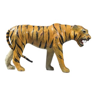 Vintage Folk Art Leather Wrapped Hand Painted Tiger For Sale