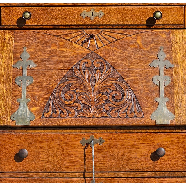 Antique Victorian Oak Slant-Top Secretary Desk | Governor’s Desk | C. 1870s For Sale - Image 9 of 17
