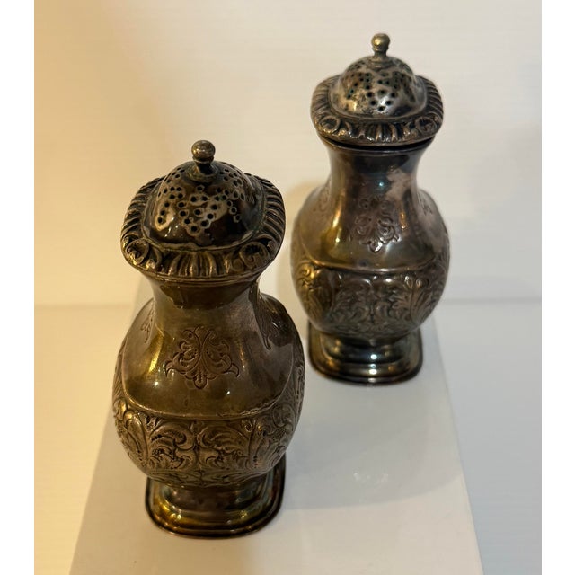 Silver Pair of Vintage English Barker Ellis Silverplate Repoussé Salt & Pepper Shakers For Sale - Image 8 of 10