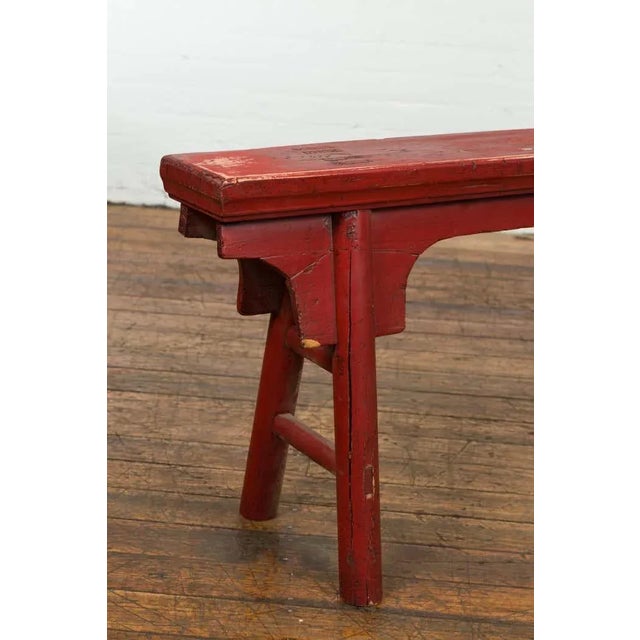 Wood Distressed Red Lacquered Chinese Vintage Ming Style Bench with A-Form Base For Sale - Image 7 of 13