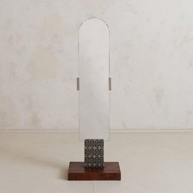 Italian Brutalist Floor Mirror with Embossed Metal + Wood Base, 1970s For Sale - Image 4 of 11