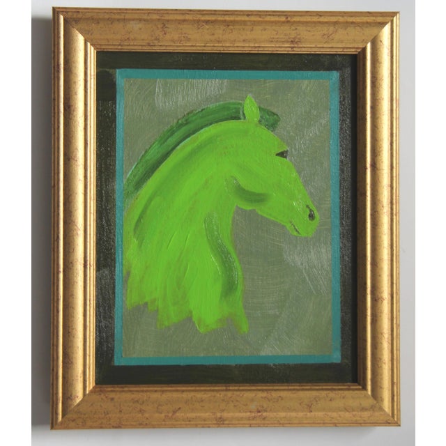 Textile Horses Portraits Art Deco Impressionism Minimalism Green Original Oil Painting by Cleo Plowden For Sale - Image 7 of 7