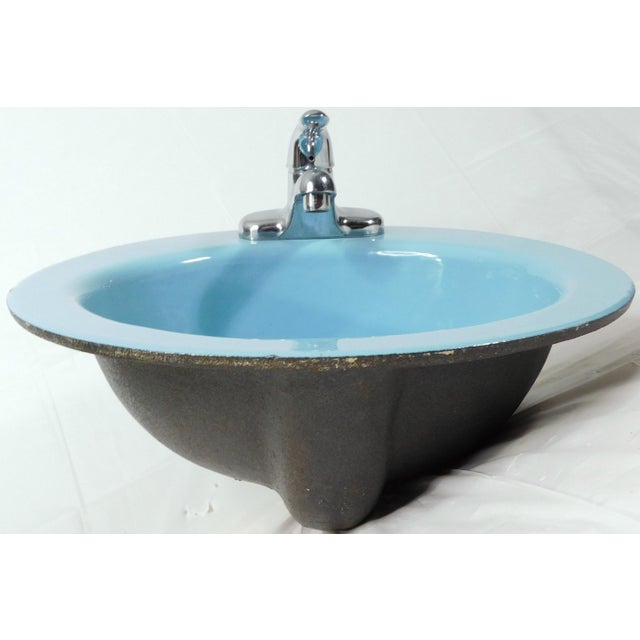 1960s 1964 Vintage Rheem Regency Blue Drop-in Porcelain & Cast Iron Sink With Hudee Ring For Sale - Image 5 of 17