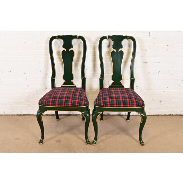 A gorgeous pair of Hollywood Regency Chinoiserie style side chairs or dining chairs in Queen Anne form By Kindel Furniture...