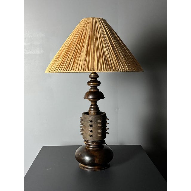 Large Brutalist Table Lamp in Wood and Cast Iron, 1960s For Sale - Image 16 of 18