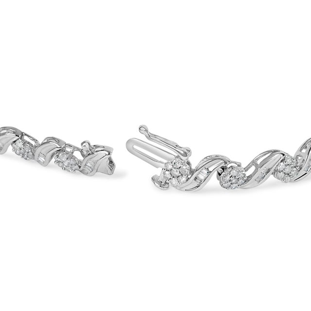 Contemporary 10K White Gold 2.00 Cttw Round-Cut and Baguette-Cut Diamond Floral Design Swirl Link 7" Bracelet (I-J Color, I1-I2 Clarity) For Sale - Image 3 of 4