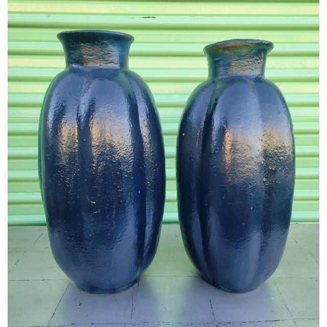 Navy Blue Custom Painted Navy Blue Large Clay Floral Vases Vessels- a Pair For Sale - Image 8 of 9